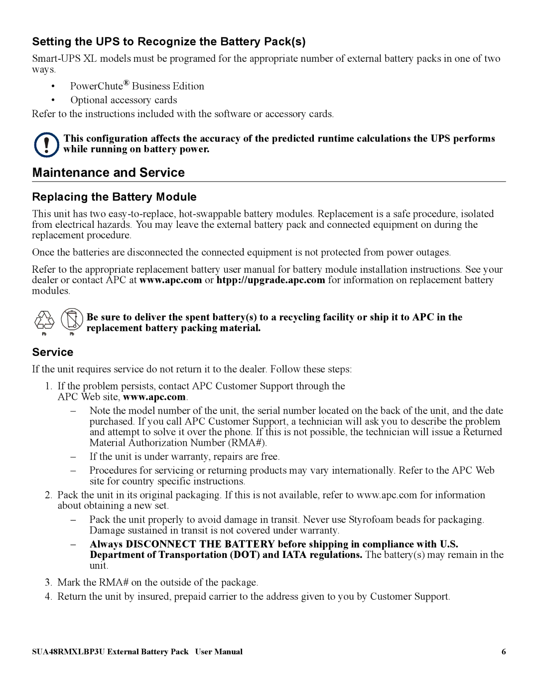 American Power Conversion SUA48RMXLBP3U user manual Maintenance and Service, Setting the UPS to Recognize the Battery Packs 