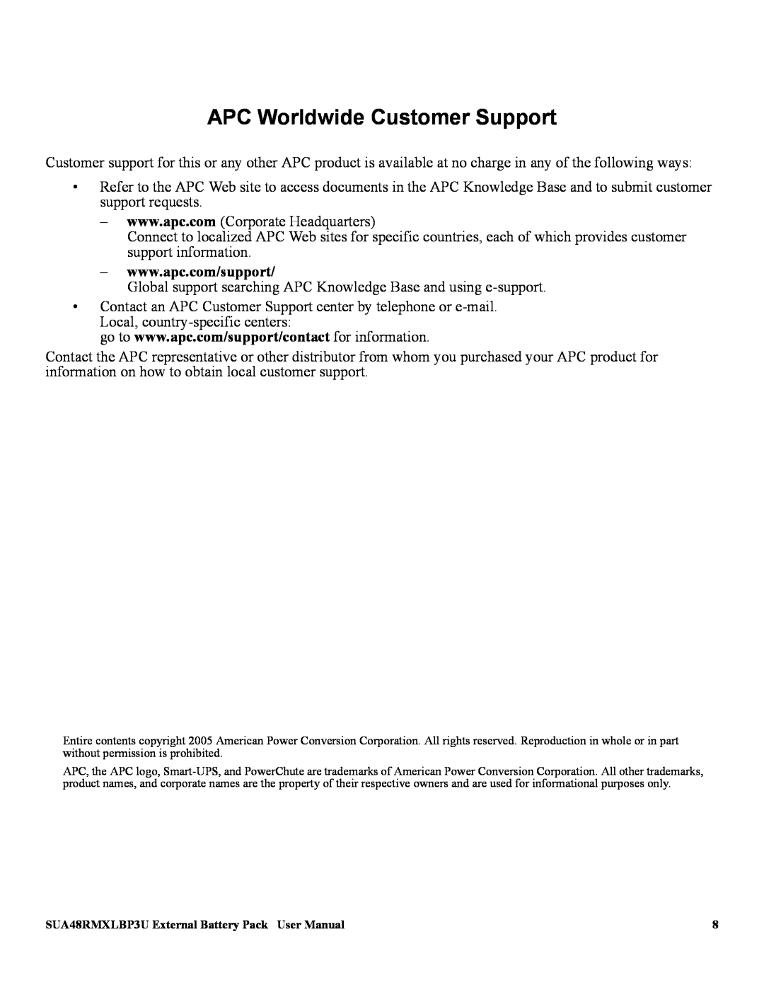 American Power Conversion SUA48RMXLBP3U user manual APC Worldwide Customer Support 