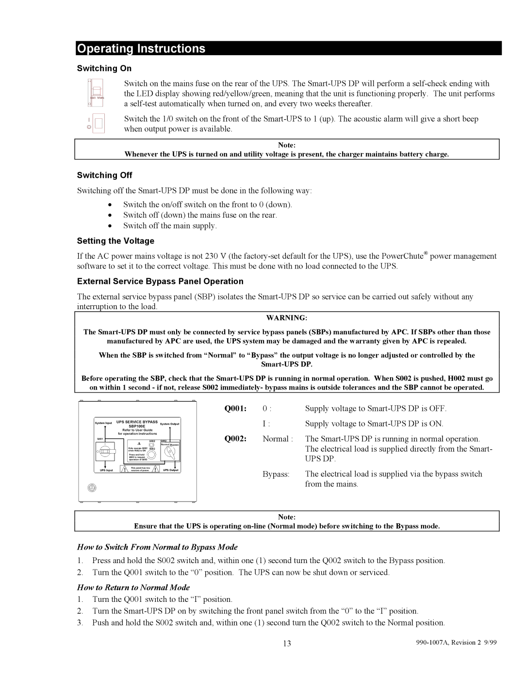 American Power Conversion SUDP10000I, SUDP8000I Operating Instructions, Switching On, Switching Off, Setting the Voltage 