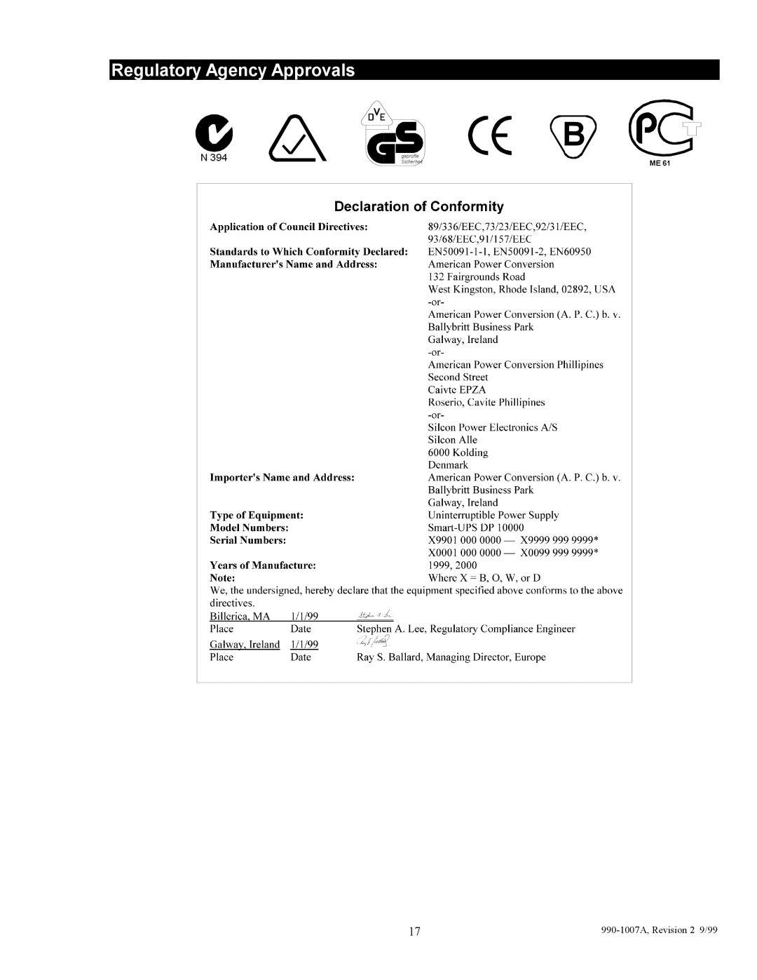 American Power Conversion SUDP10000I, SUDP8000I, SUDP6000I, SUDP4000I user manual Regulatory Agency Approvals 