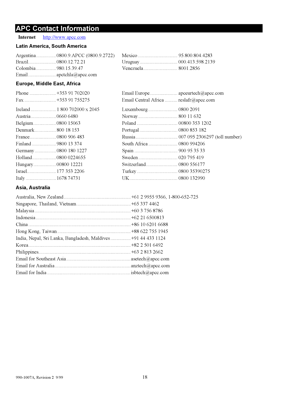 American Power Conversion SUDP8000I APC Contact Information, Internet, Latin America, South America, Asia, Australia 