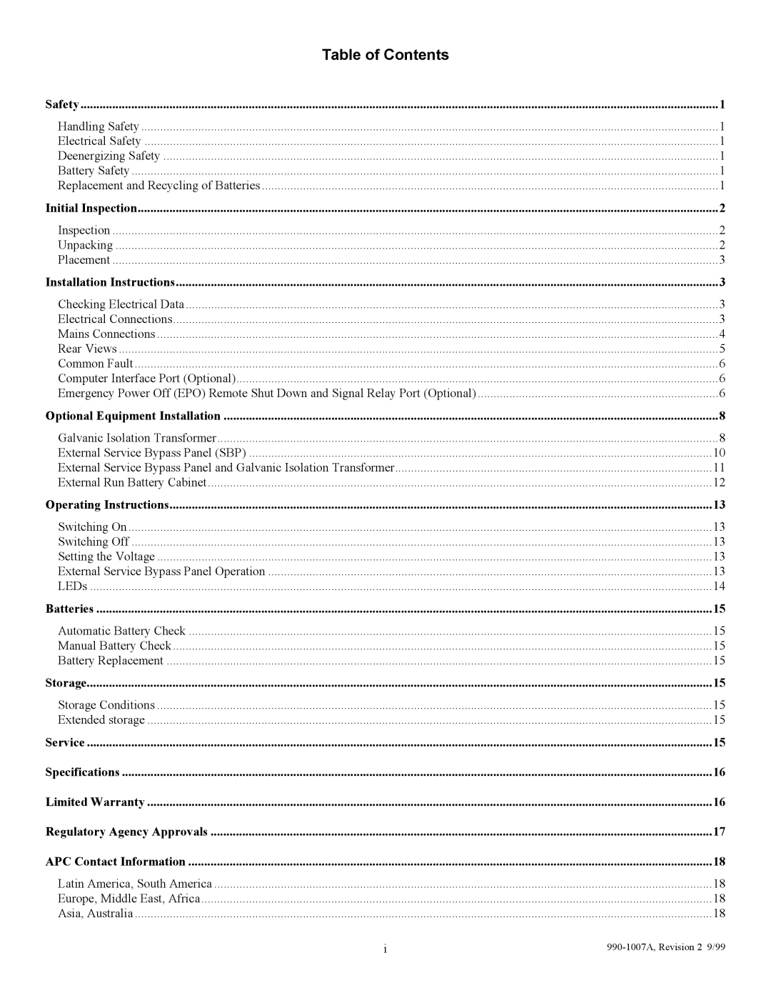 American Power Conversion SUDP6000I, SUDP8000I, SUDP4000I, SUDP10000I user manual Table of Contents 