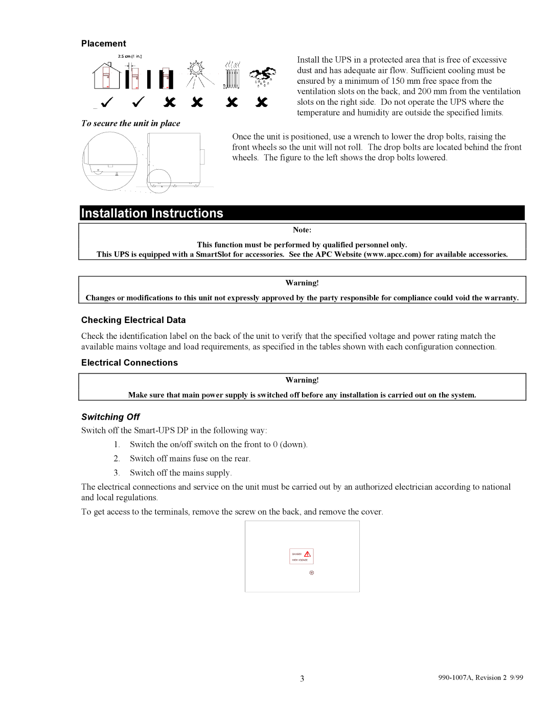 American Power Conversion SUDP6000I Installation Instructions, Placement, Checking Electrical Data, Electrical Connections 