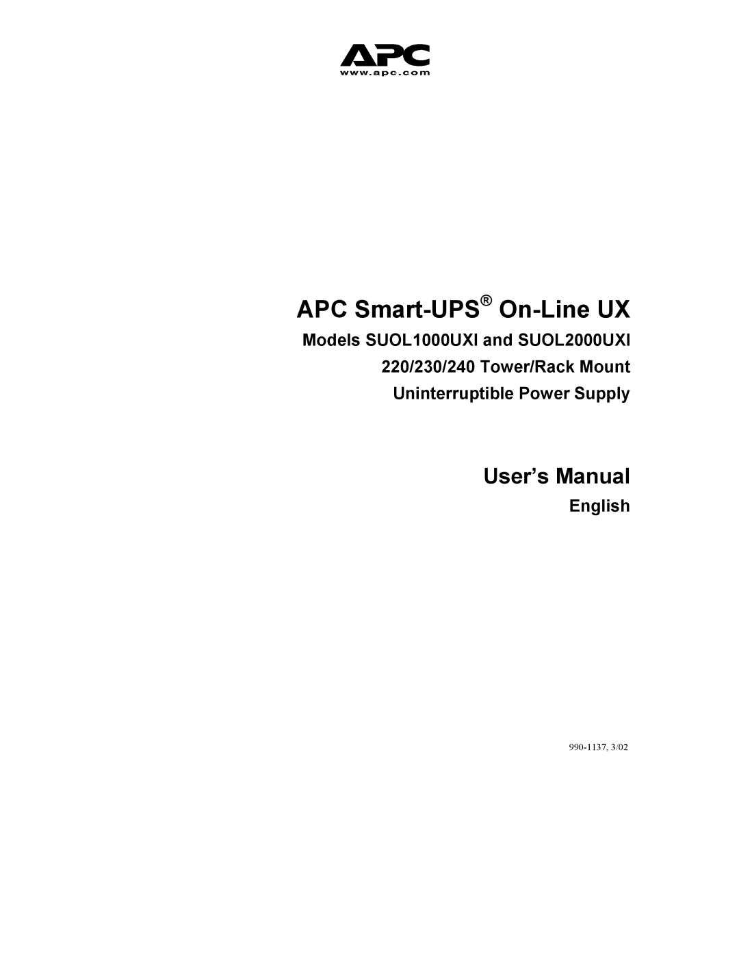 American Power Conversion SUOL1000UXI, SUOL2000UXI user manual APC Smart-UPSOn-Line UX 