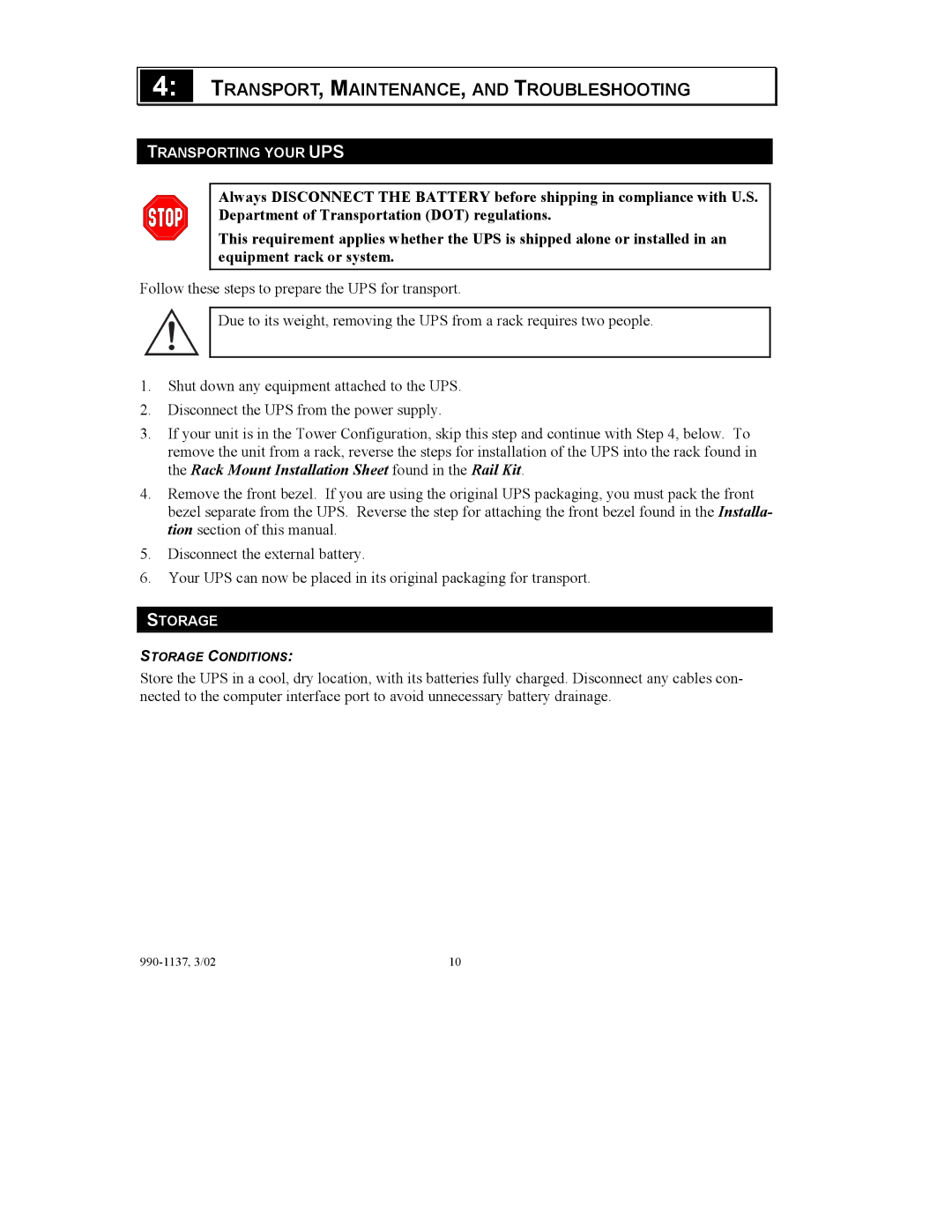 American Power Conversion SUOL2000UXI, SUOL1000UXI user manual TRANSPORT, MAINTENANCE, and Troubleshooting 