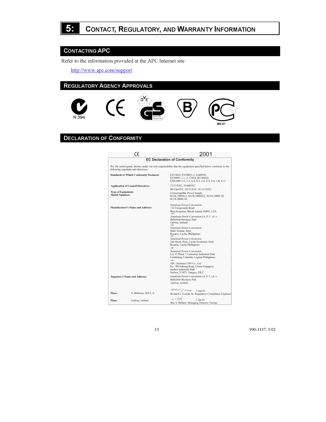 American Power Conversion SUOL1000UXI, SUOL2000UXI user manual CONTACT, REGULATORY, and Warranty Information 