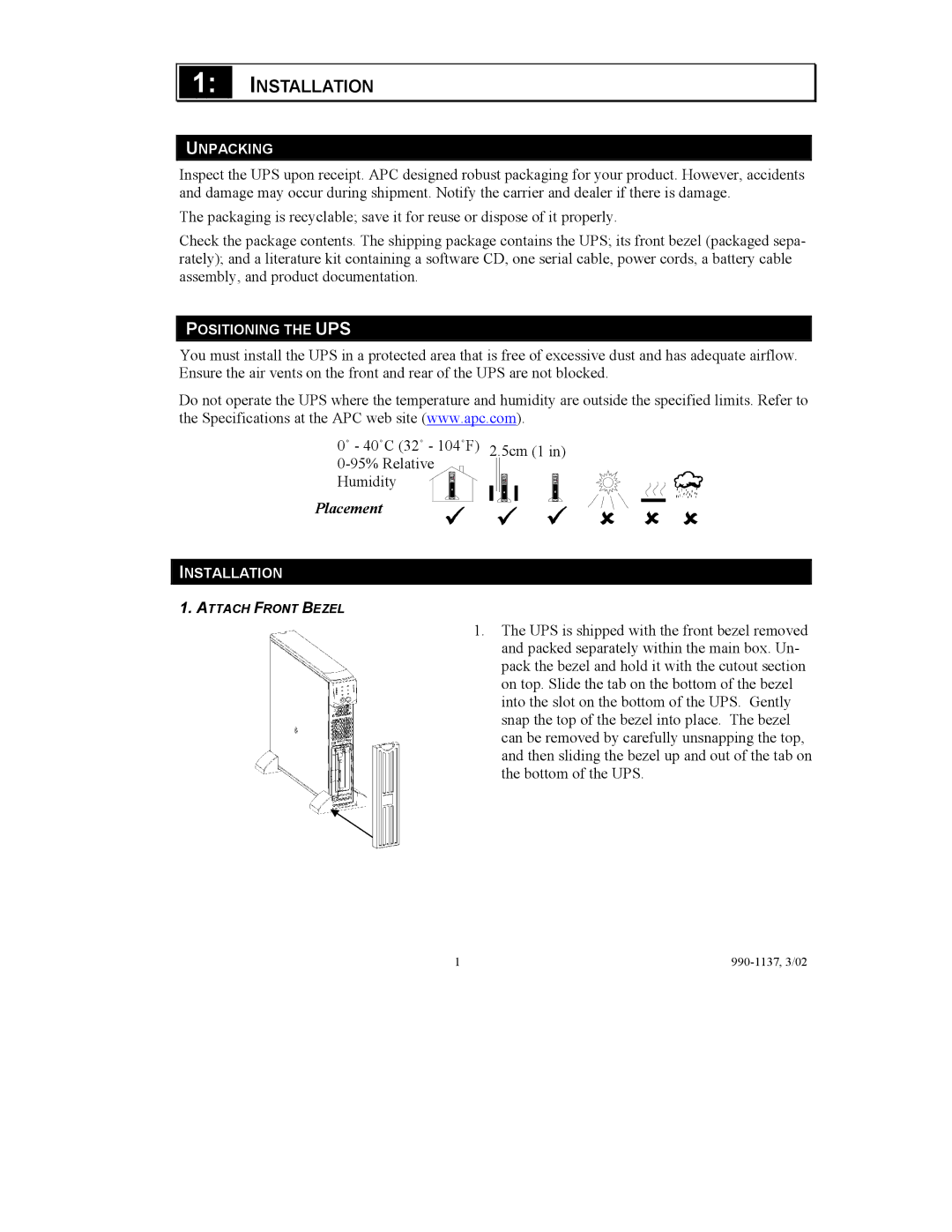 American Power Conversion SUOL1000UXI, SUOL2000UXI user manual Installation, Placement 