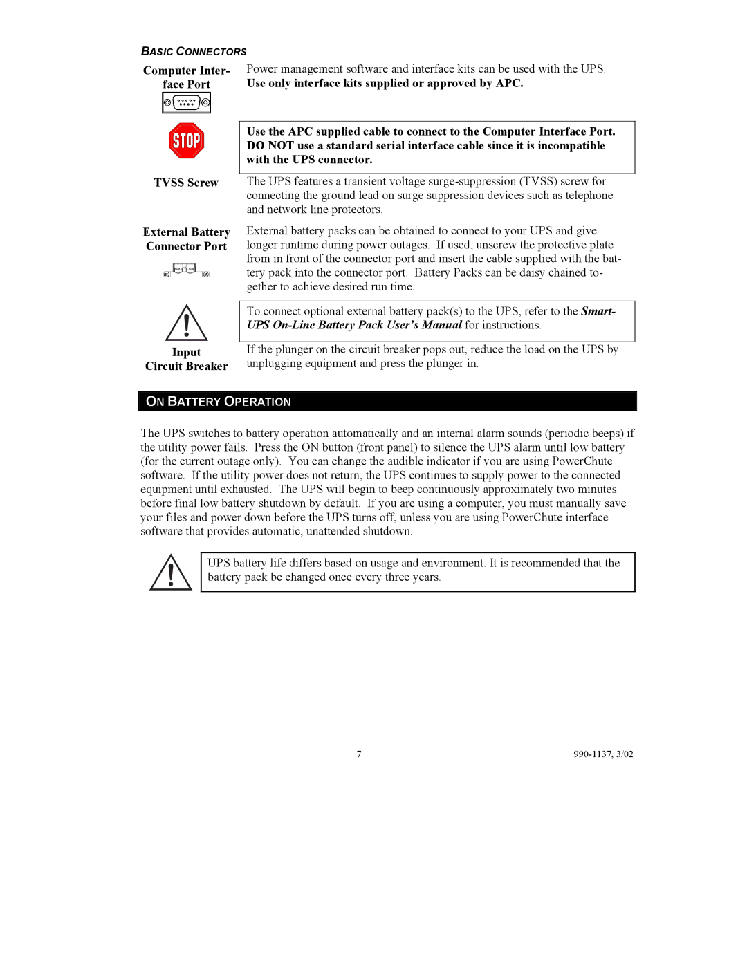 American Power Conversion SUOL1000UXI, SUOL2000UXI user manual On Battery Operation 