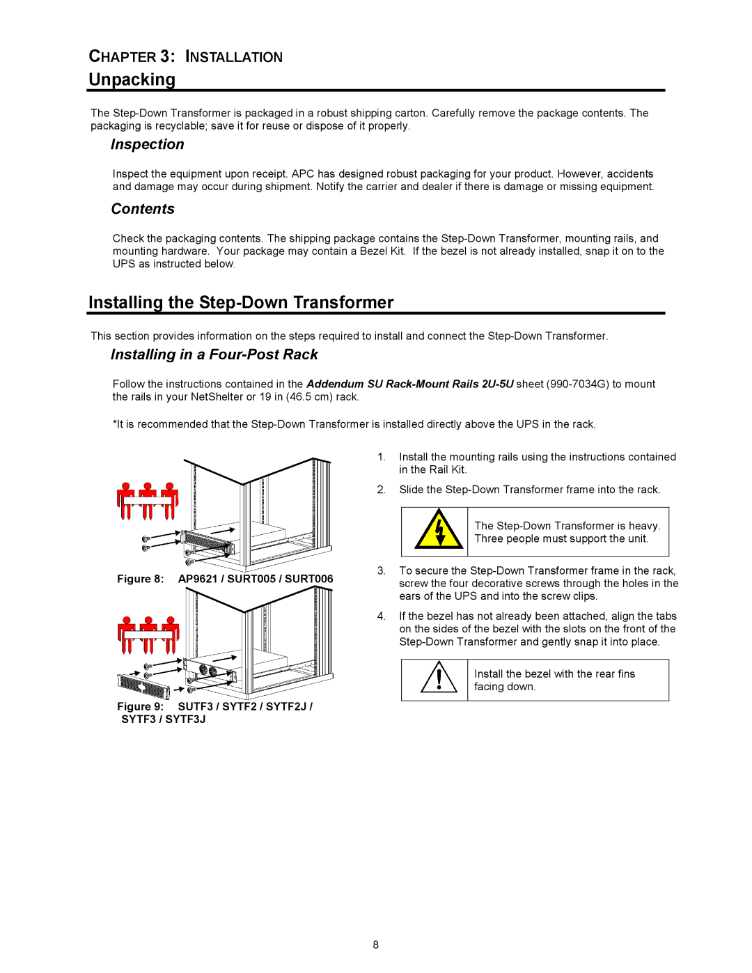 American Power Conversion SYTF3, SURT006, SURT005 Unpacking, Installing the Step-Down Transformer, Inspection, Contents 