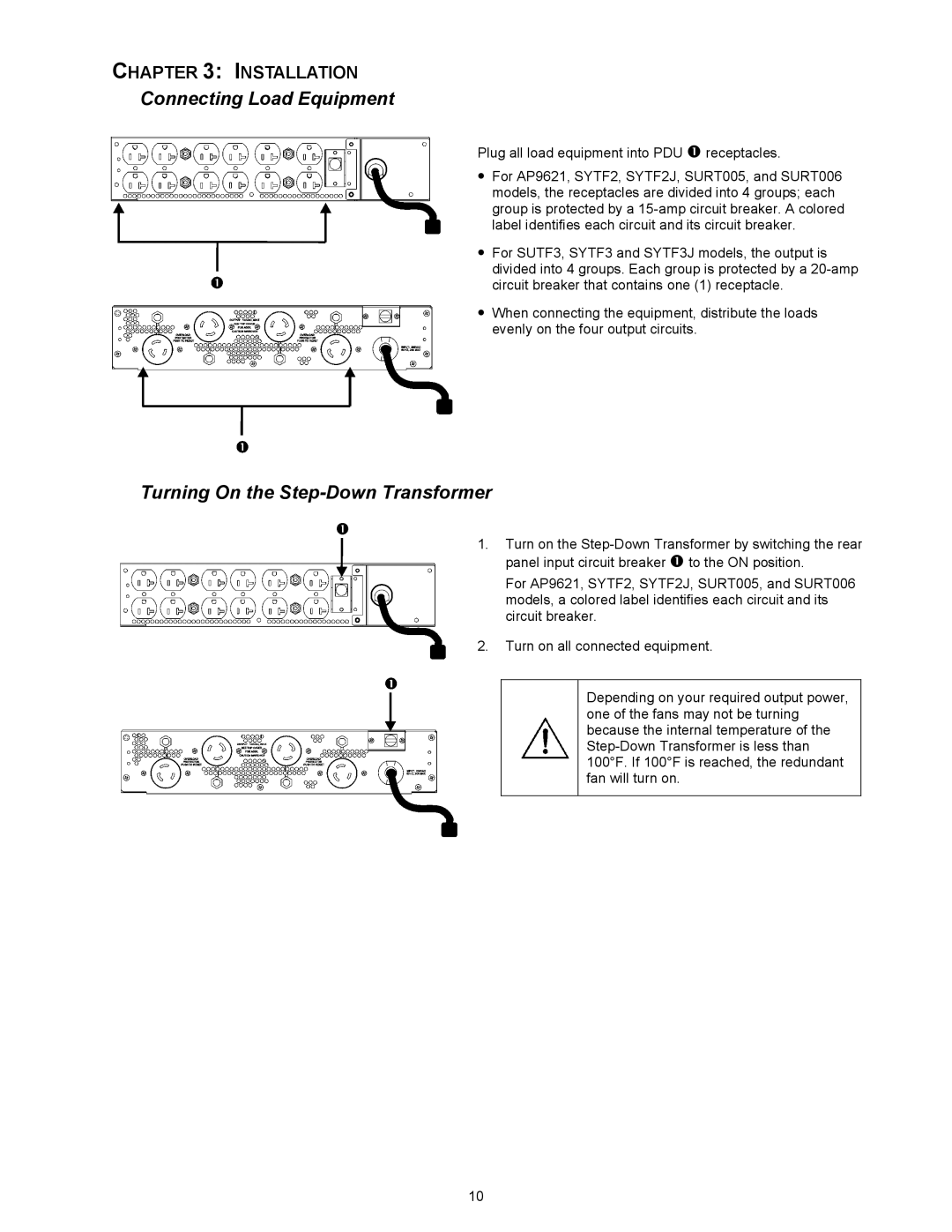 American Power Conversion SYTF2, SURT006, SURT005, AP9621 Connecting Load Equipment, Turning On the Step-Down Transformer 