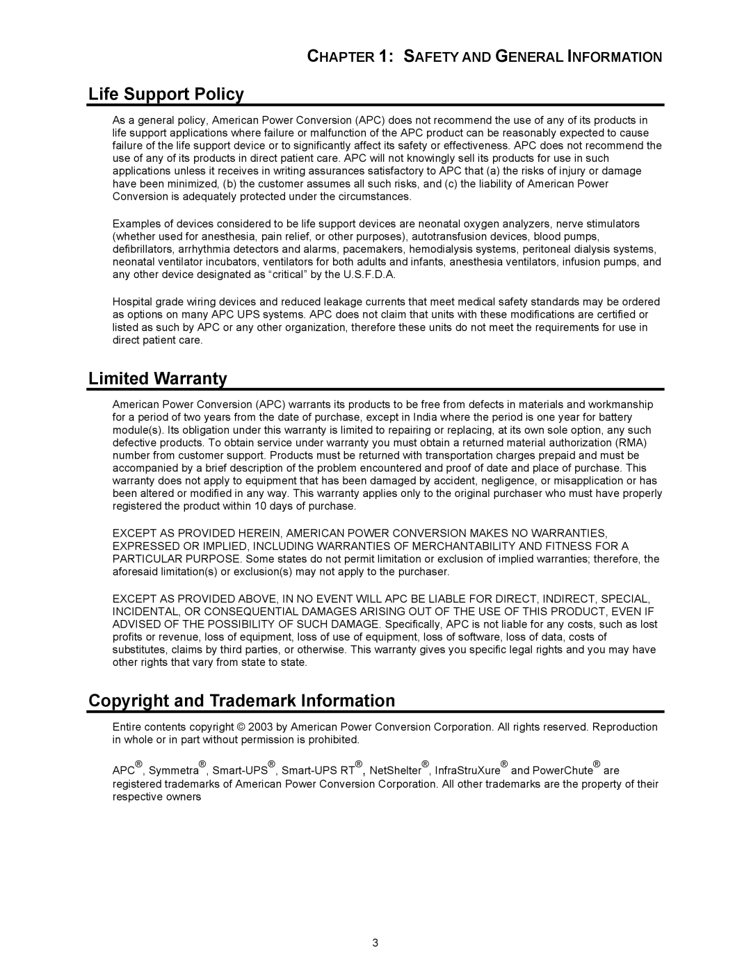 American Power Conversion SUTF3, SURT006, AP9621 Life Support Policy, Limited Warranty, Copyright and Trademark Information 