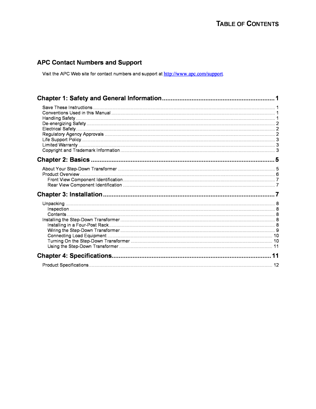 American Power Conversion SYTF2J, SYTF3 Table Of Contents, APC Contact Numbers and Support, Safety and General Information 