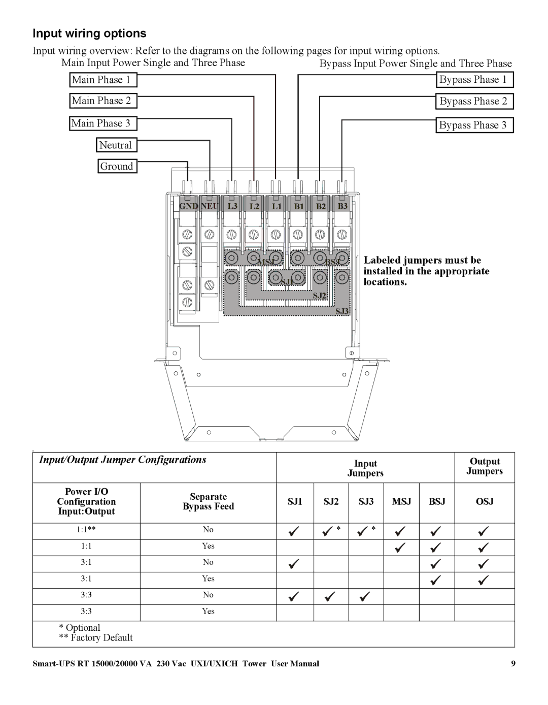 American Power Conversion 20000 VA, SURT15000 user manual Input wiring options, Input/Output Jumper Configurations 