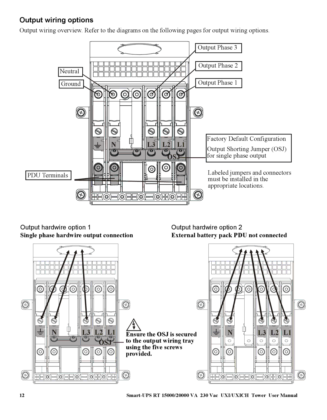 American Power Conversion SURT15000, 20000 VA user manual Output wiring options, L3 L2 L1 OSJ 