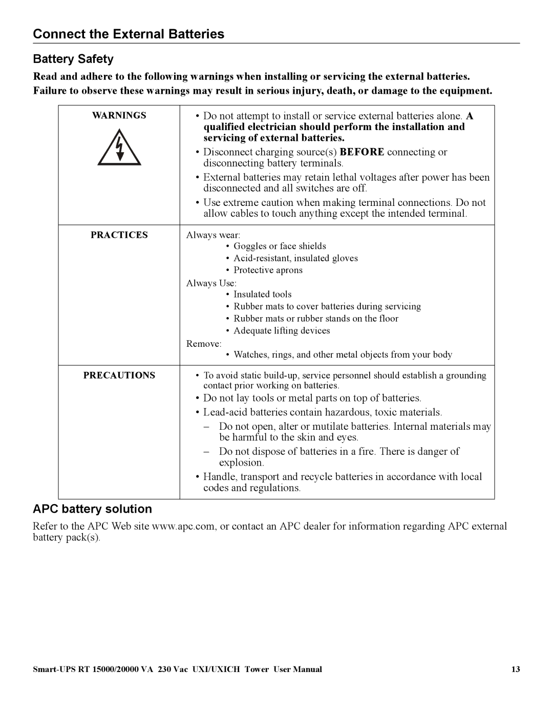 American Power Conversion 20000 VA, SURT15000 Battery Safety, APC battery solution, Servicing of external batteries 