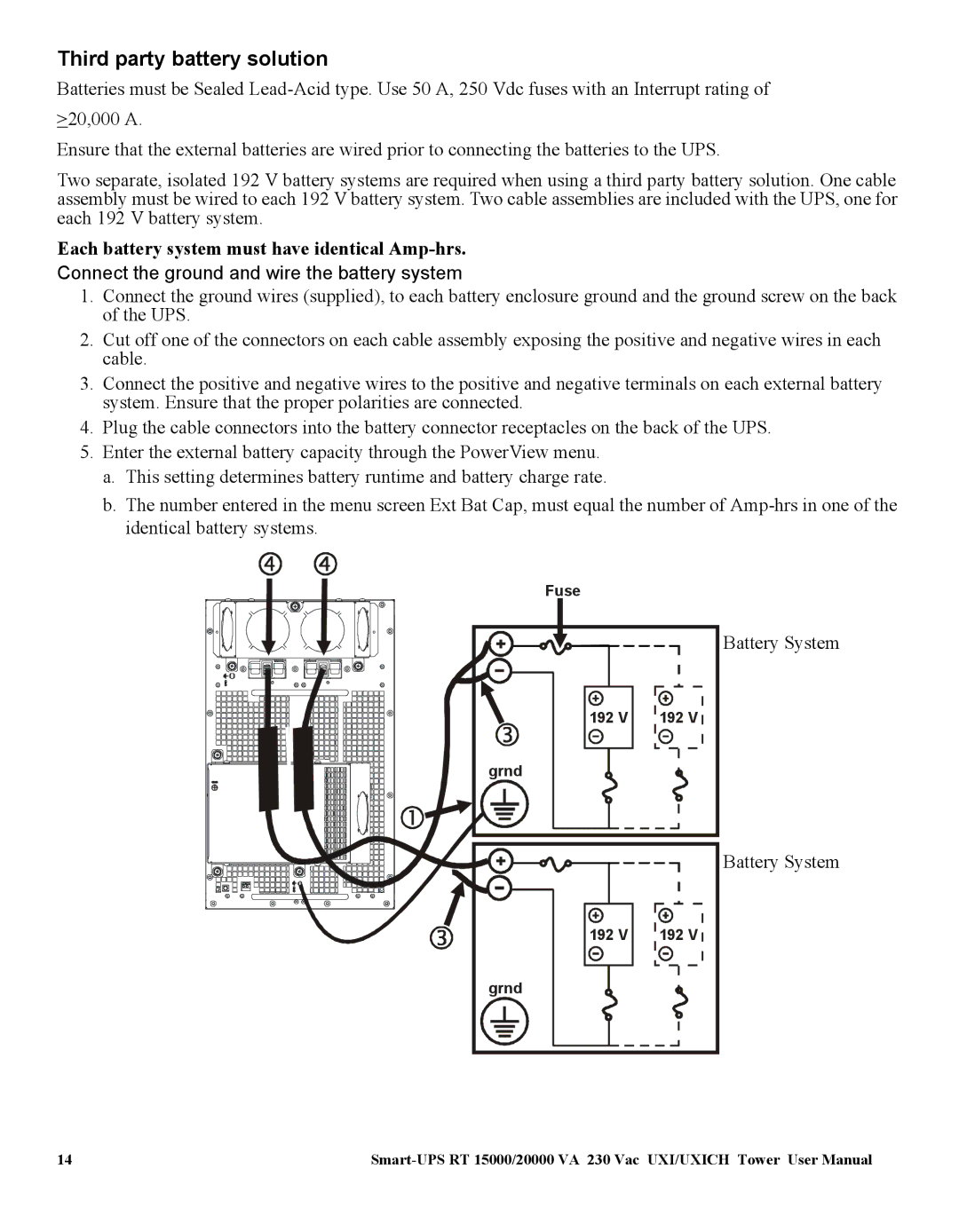 American Power Conversion SURT15000 Third party battery solution, Each battery system must have identical Amp-hrs 