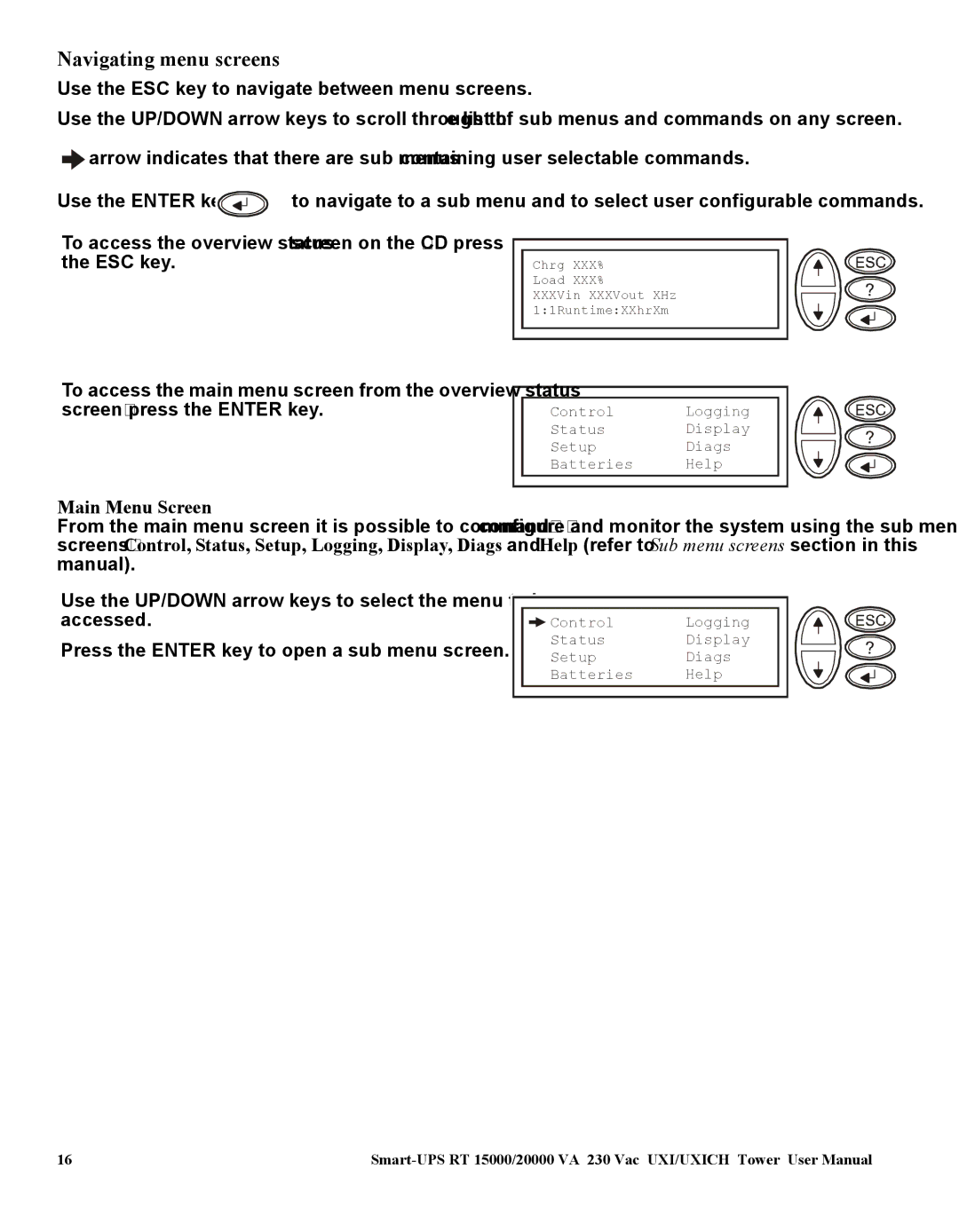 American Power Conversion SURT15000, 20000 VA user manual Navigating menu screens, Main Menu Screen 