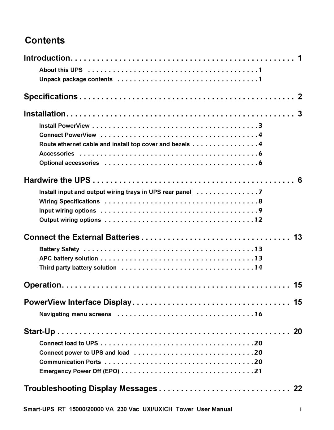 American Power Conversion 20000 VA, SURT15000 user manual Contents 