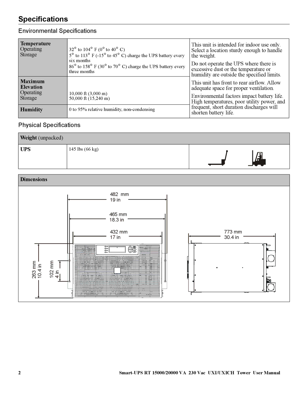 American Power Conversion SURT15000, 20000 VA user manual Environmental Specifications 