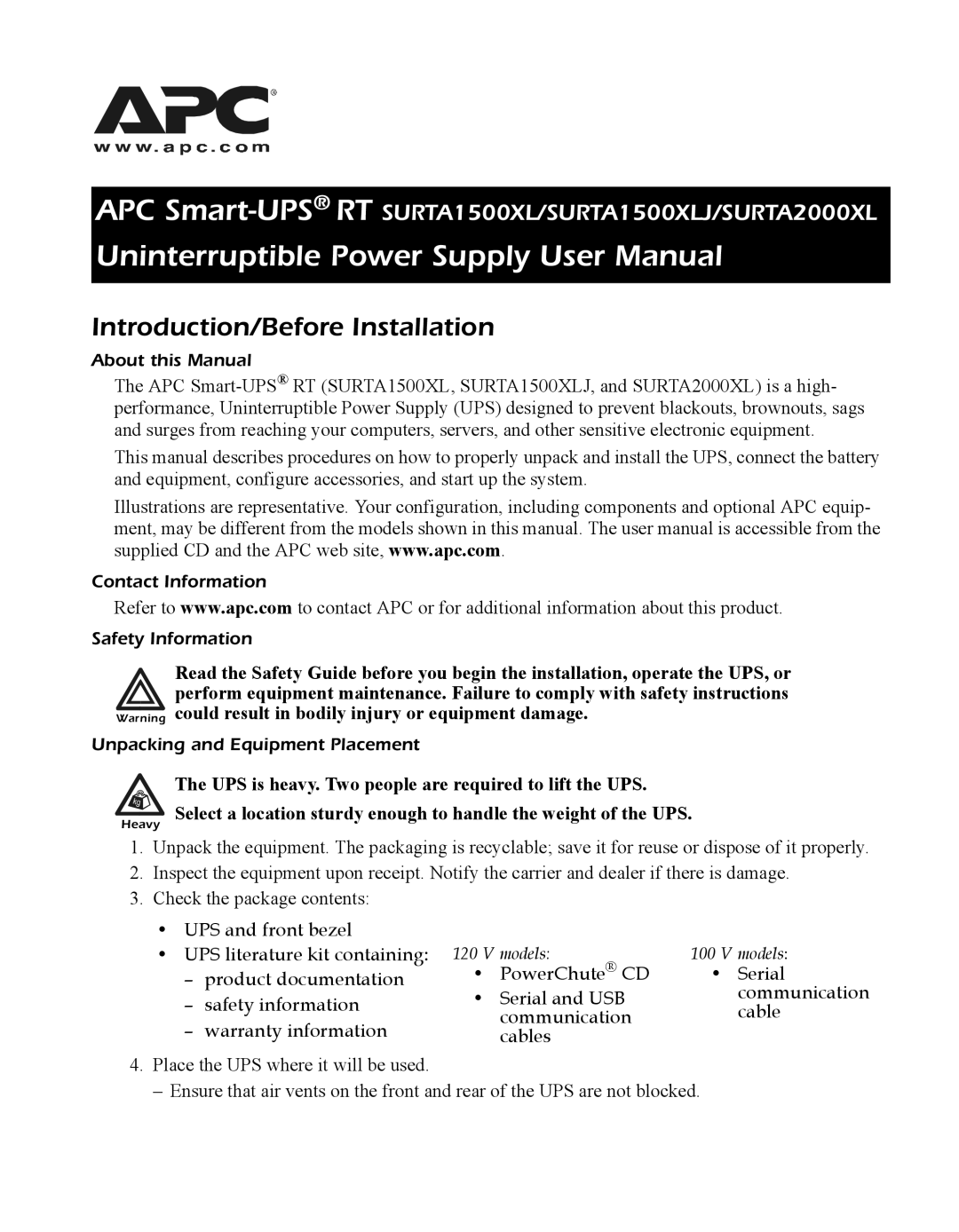 American Power Conversion SURTA1500XLJ, SURTA2000XL user manual Introduction/Before Installation, About this Manual 