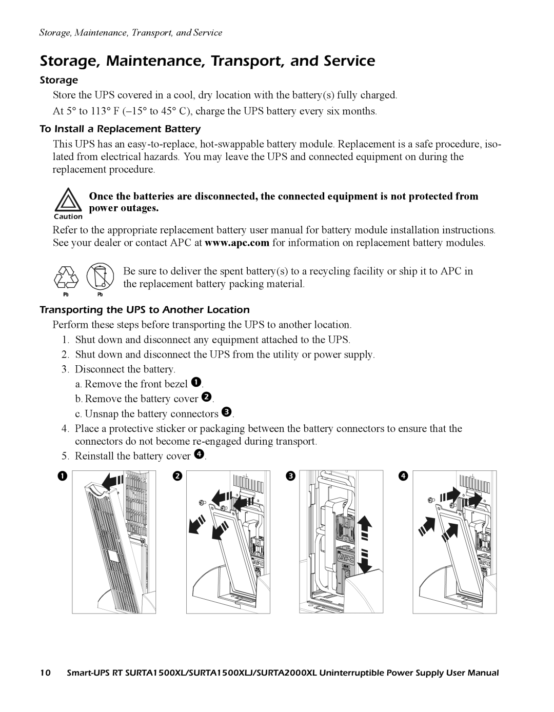 American Power Conversion SURTA1500XLJ Storage, Maintenance, Transport, and Service, To Install a Replacement Battery 