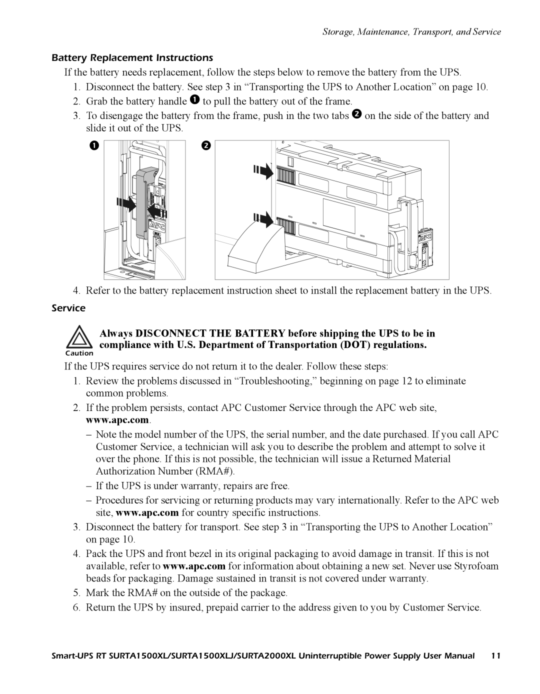 American Power Conversion SURTA2000XL, SURTA1500XLJ user manual Battery Replacement Instructions, Service 