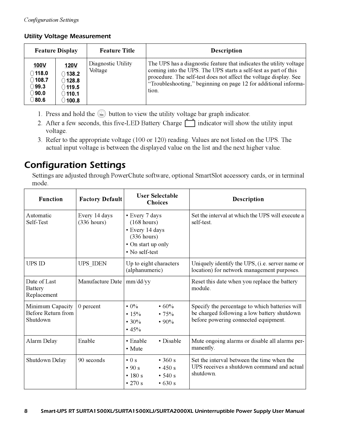 American Power Conversion SURTA2000XL, SURTA1500XLJ user manual Configuration Settings, Utility Voltage Measurement 