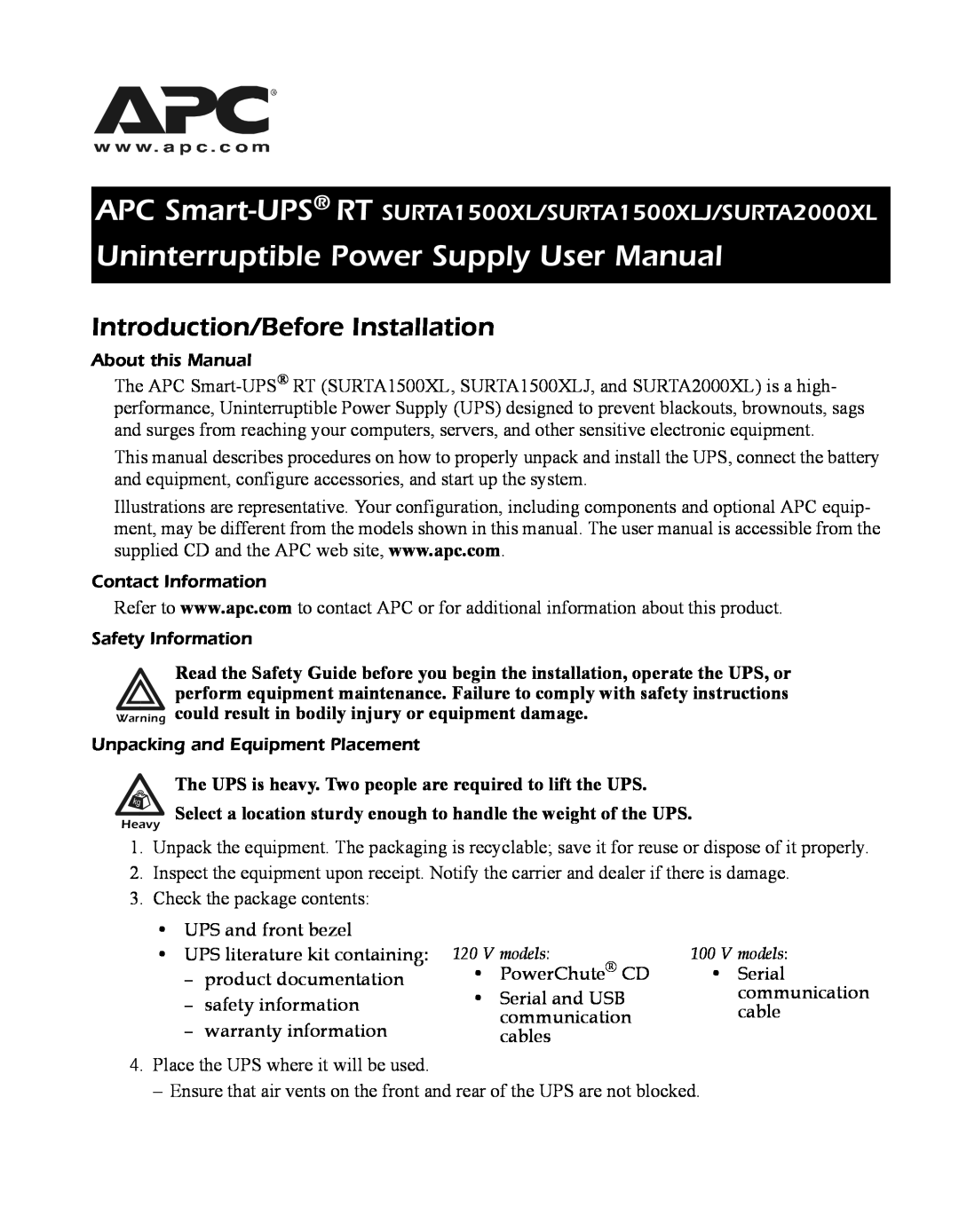 American Power Conversion SURTA1500XLJ, SURTA2000XL user manual Introduction/Before Installation 