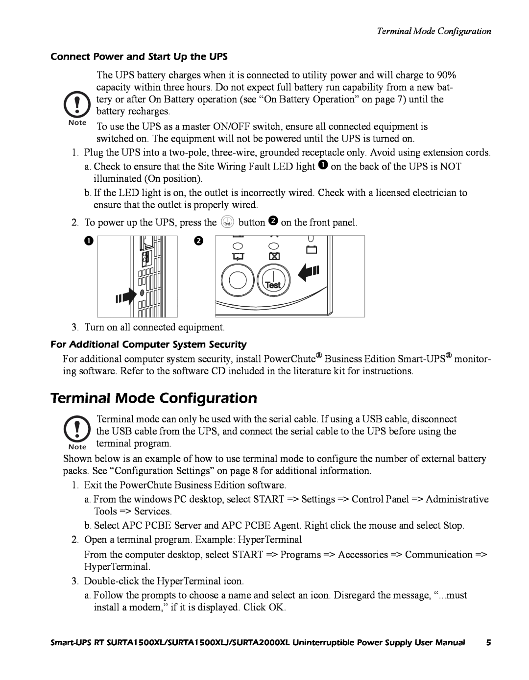 American Power Conversion SURTA2000XL, SURTA1500XLJ user manual Terminal Mode Configuration 