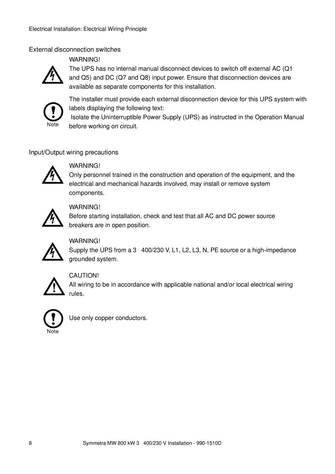 American Power Conversion SYMF800KH manual External disconnection switches, Input/Output wiring precautions 