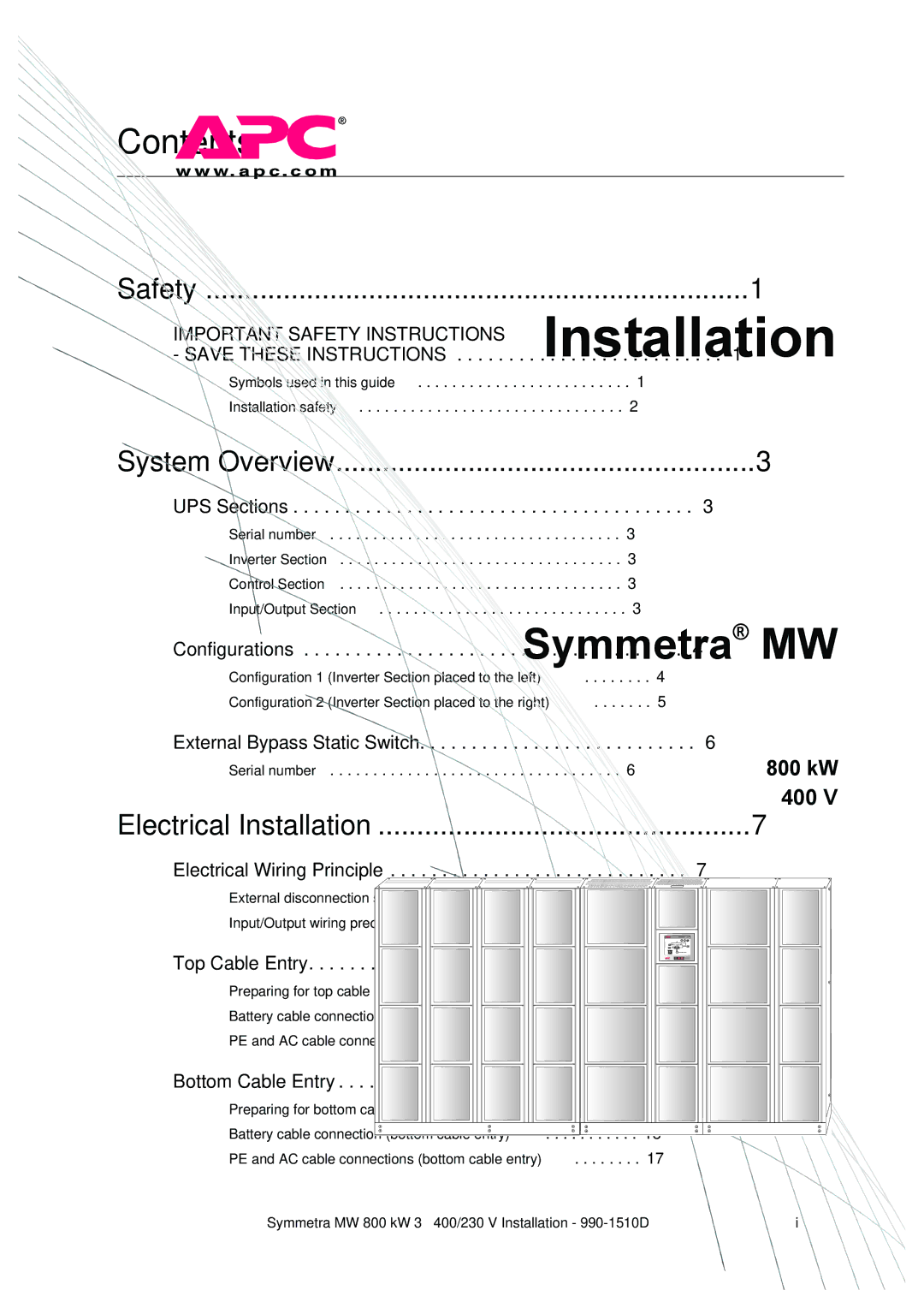 American Power Conversion SYMF800KH manual Contents 