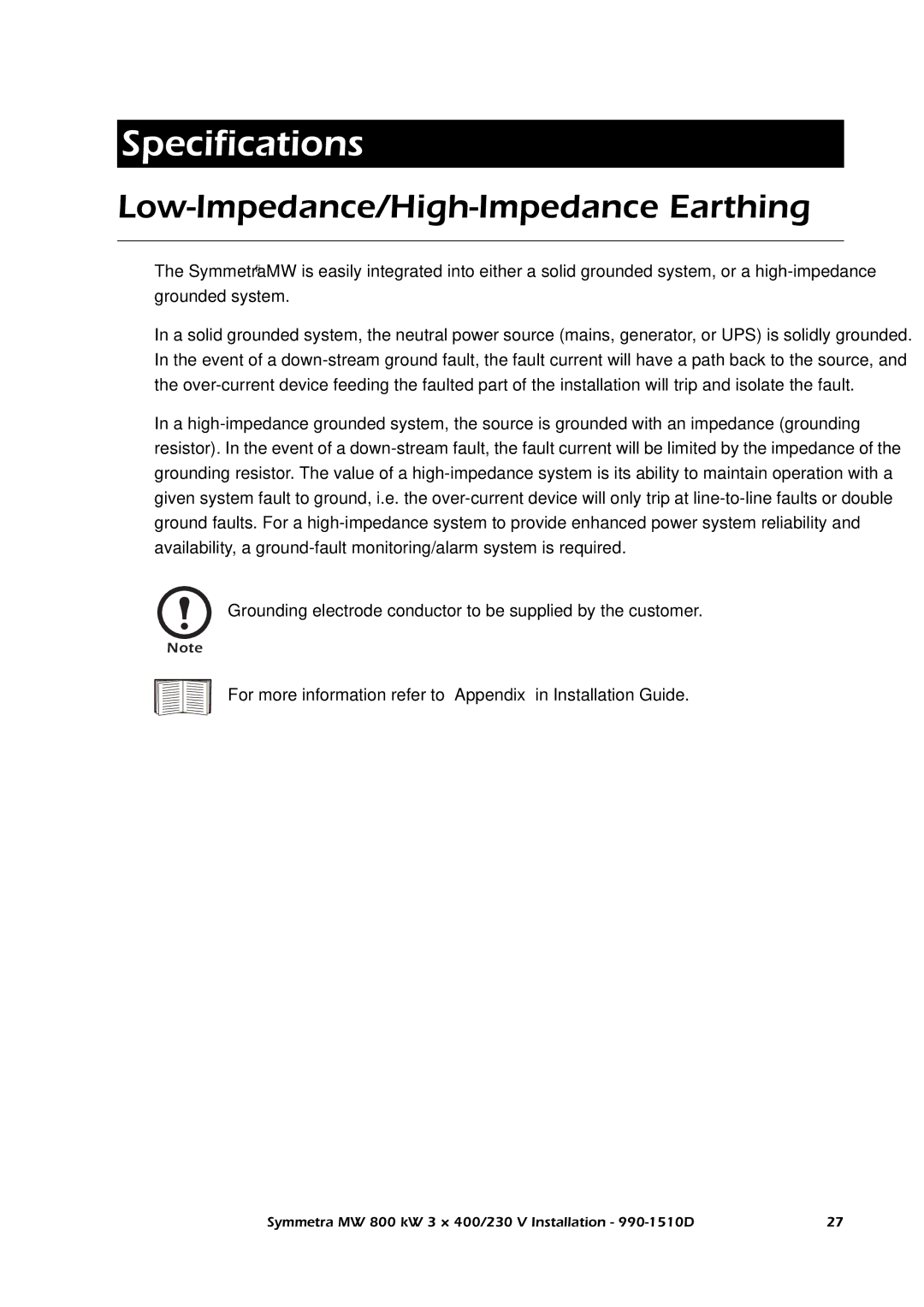 American Power Conversion SYMF800KH manual Specifications, Low-Impedance/High-Impedance Earthing 
