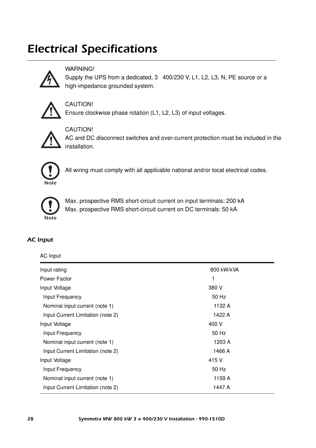 American Power Conversion SYMF800KH manual Electrical Specifications, AC Input 