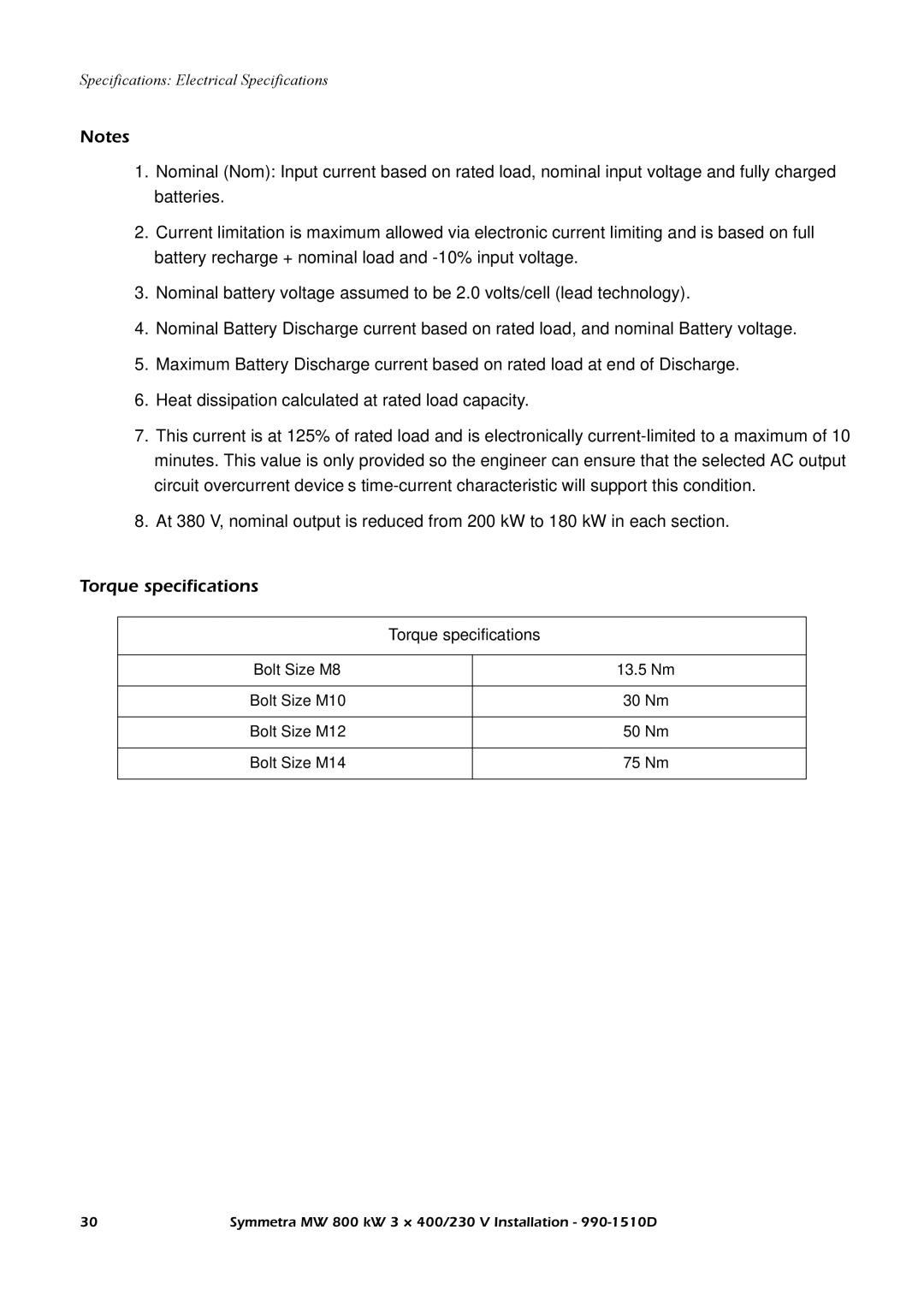 American Power Conversion SYMF800KH manual Torque specifications 