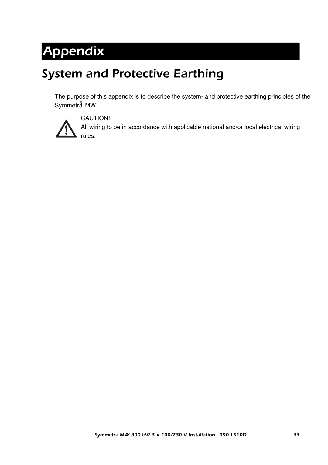 American Power Conversion SYMF800KH manual Appendix, System and Protective Earthing 