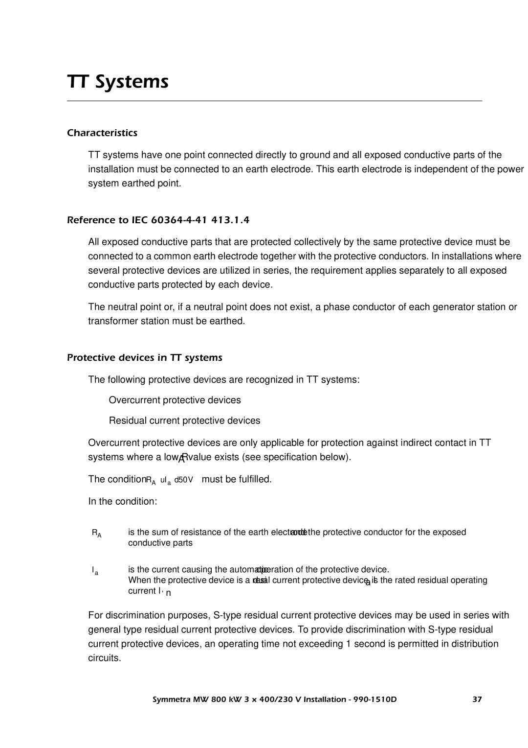 American Power Conversion SYMF800KH manual TT Systems, Protective devices in TT systems 