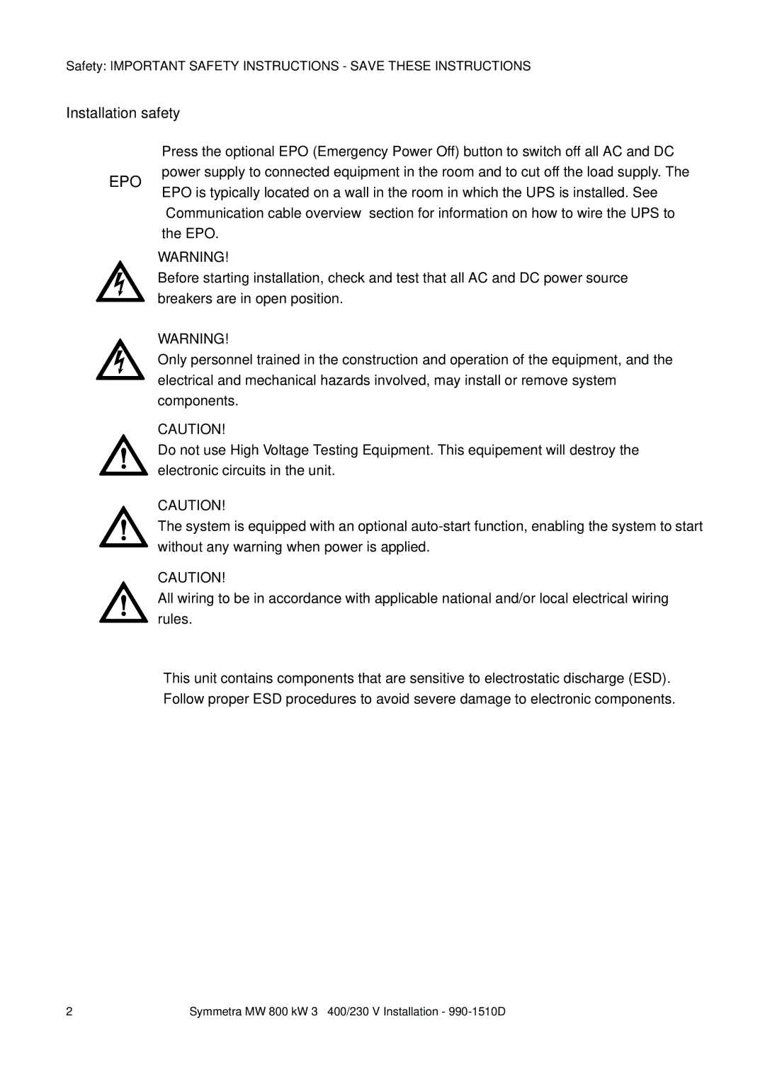 American Power Conversion SYMF800KH manual Installation safety 