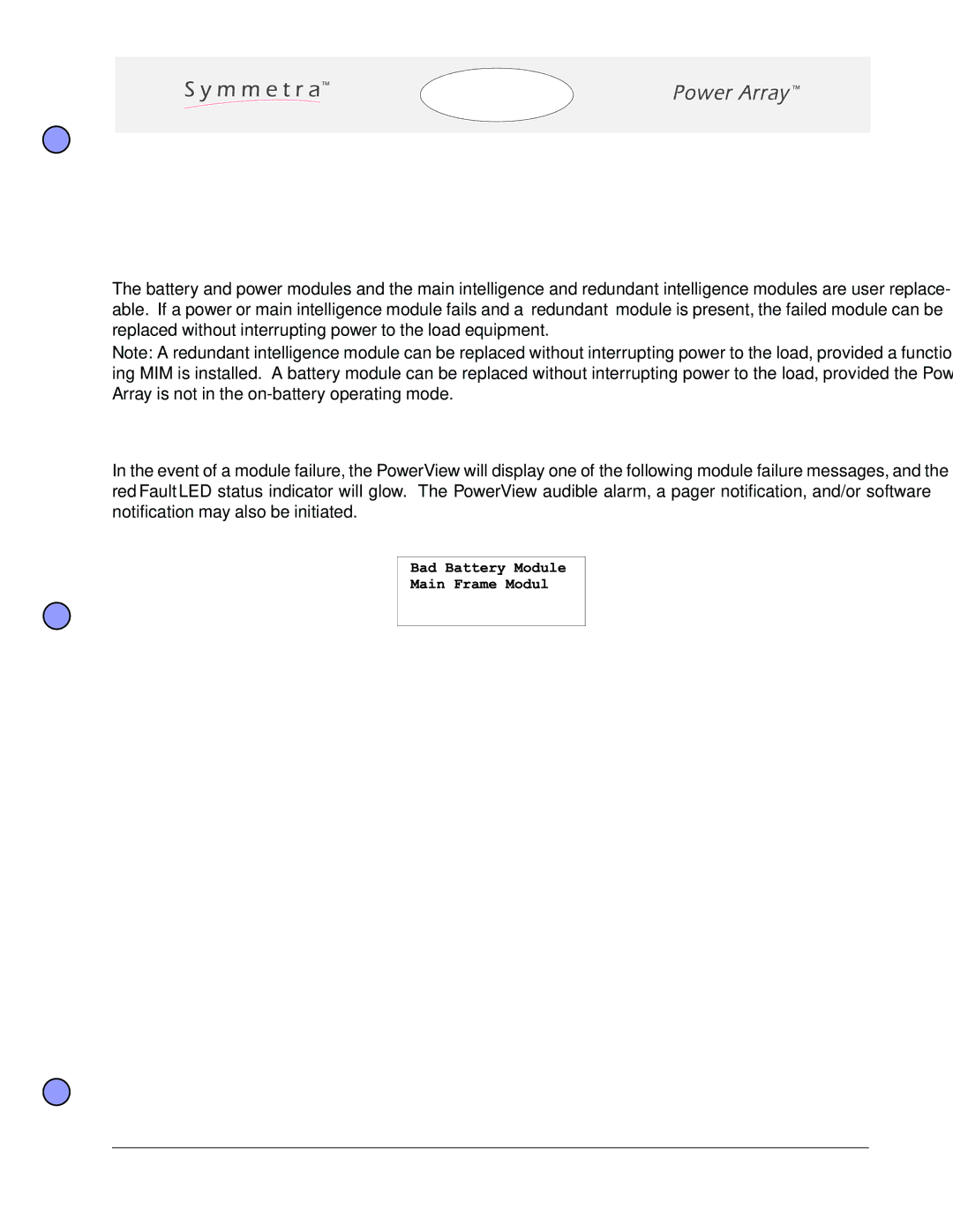 American Power Conversion SYMSTRF3I user manual Module Replacement, Module Failure Alarm Indicators 