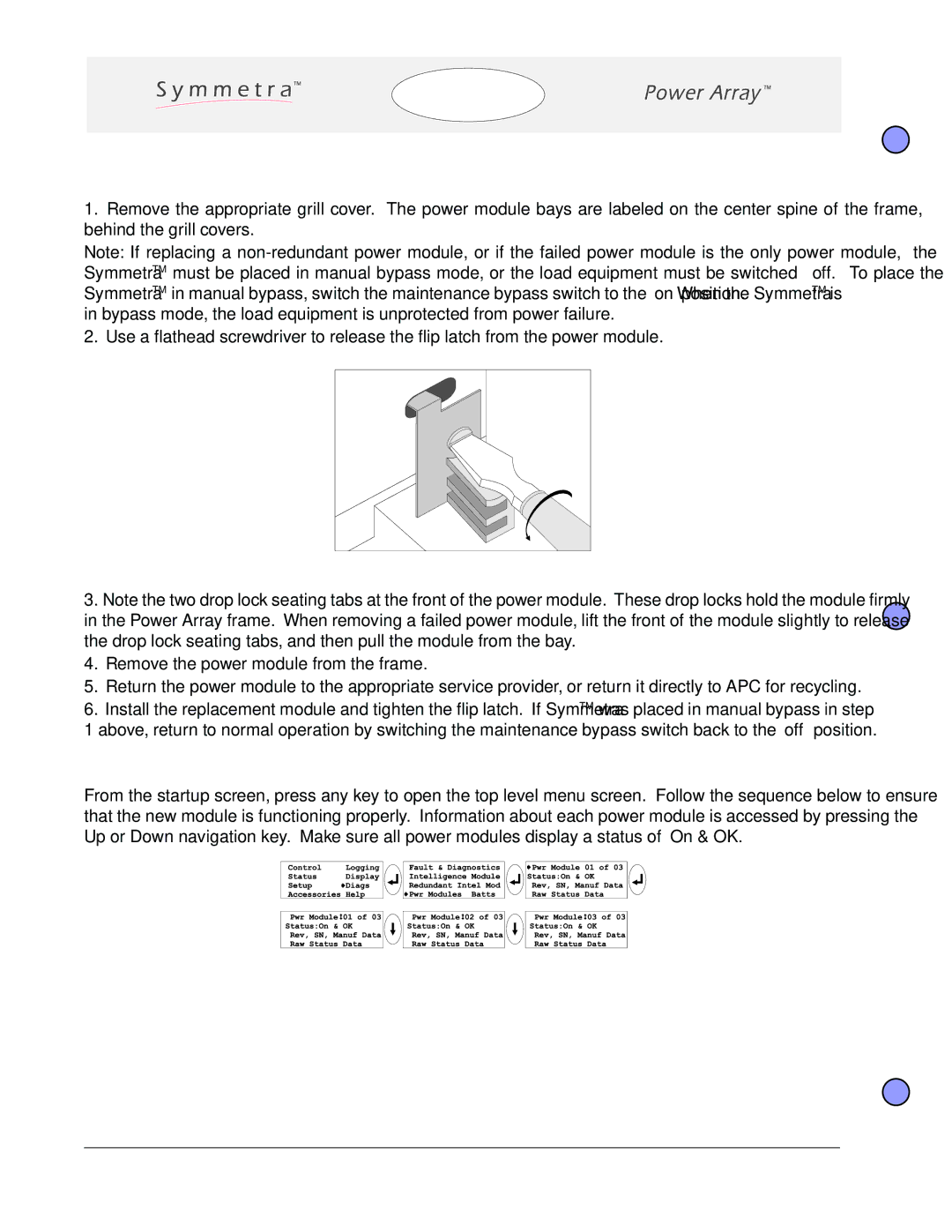 American Power Conversion SYMSTRF3I user manual Power Module Replacement, Replacement Module Verification 