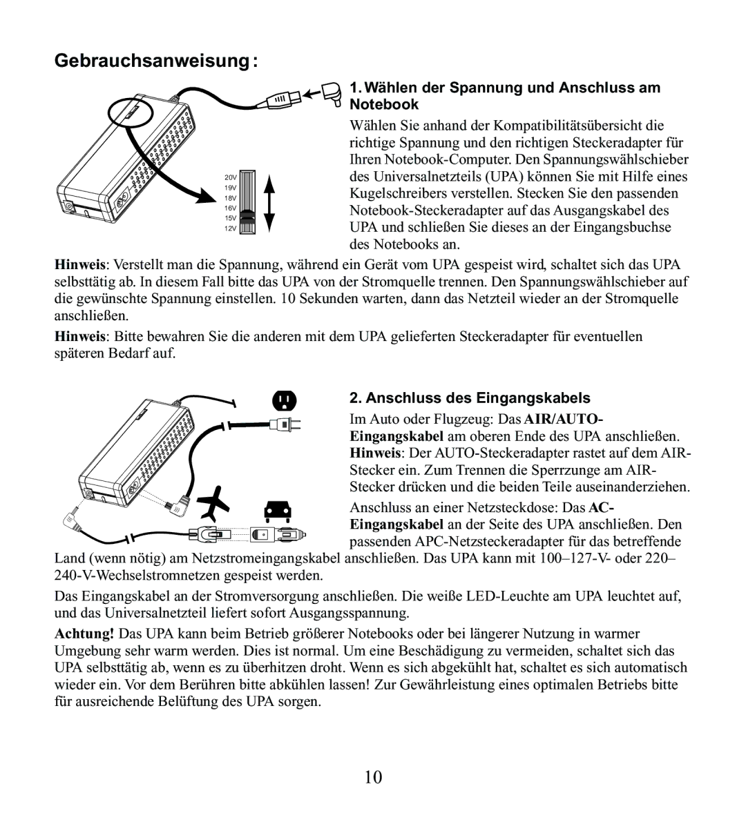 American Power Conversion UPA9 manuel dutilisation Gebrauchsanweisung, Wählen der Spannung und Anschluss am Notebook 