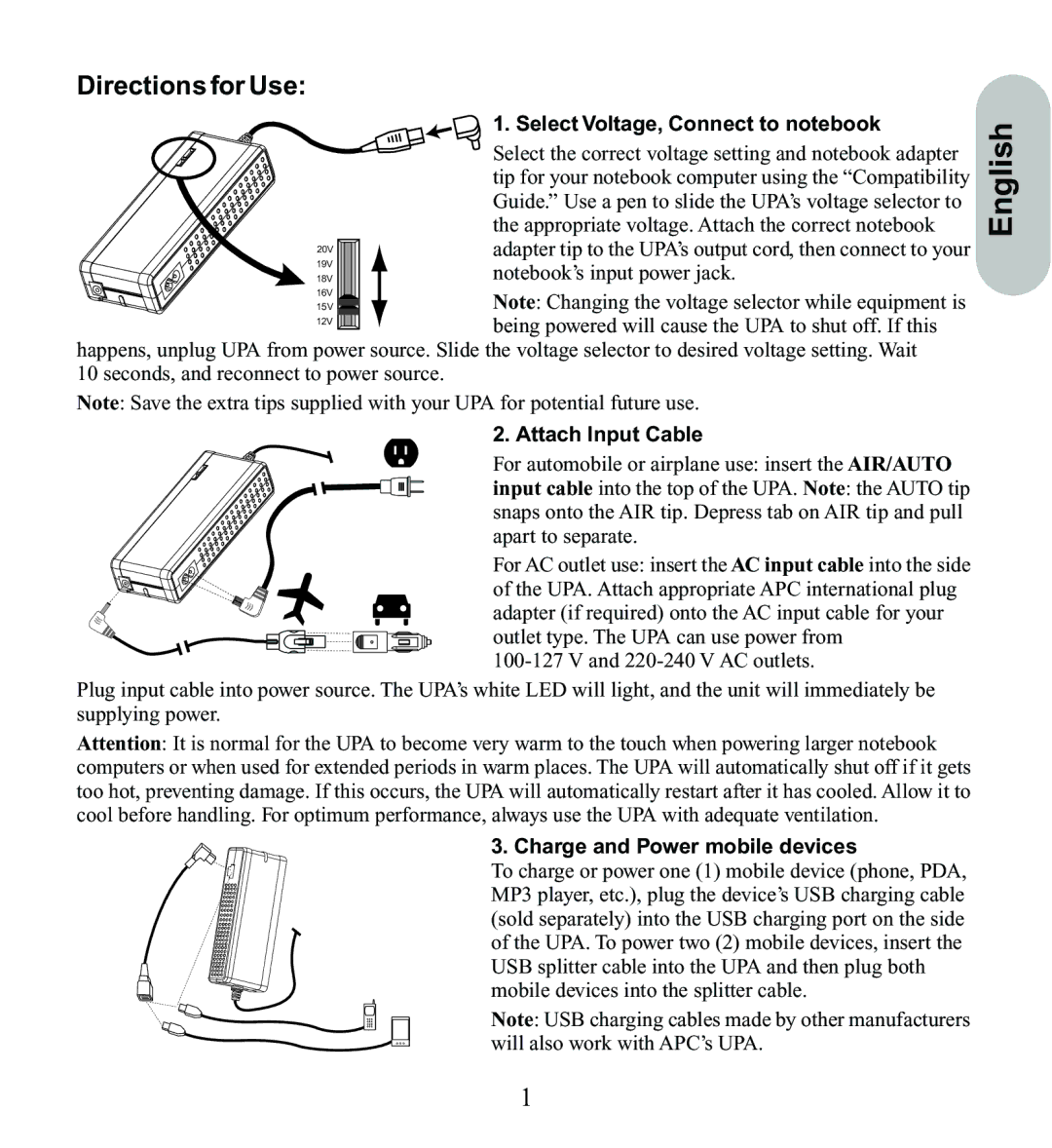 American Power Conversion UPA9 English, Directions for Use, Select Voltage, Connect to notebook, Attach Input Cable 