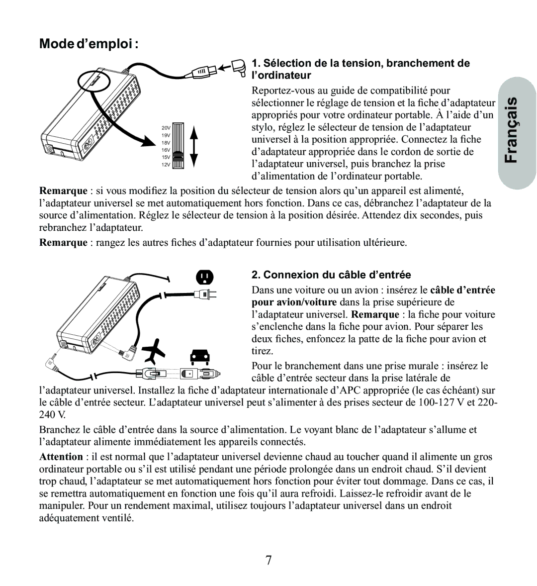 American Power Conversion UPA9 Français, Mode d’emploi, Sélection de la tension, branchement de, ’ordinateur 