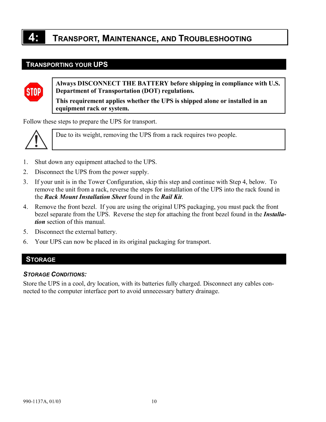 American Power Conversion UPS user manual TRANSPORT, MAINTENANCE, and Troubleshooting 