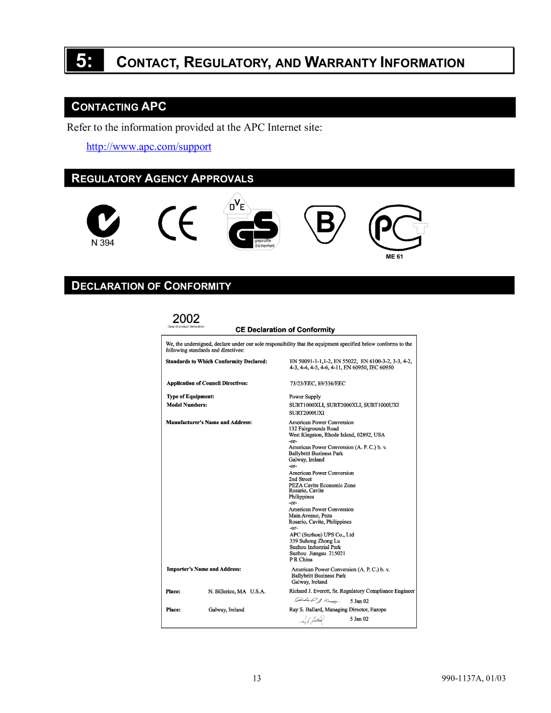 American Power Conversion UPS user manual CONTACT, REGULATORY, and Warranty Information 