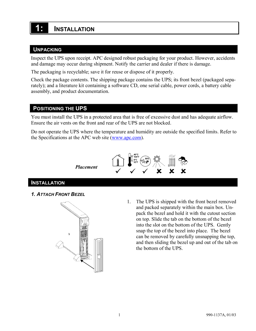 American Power Conversion UPS user manual Installation, Placement 