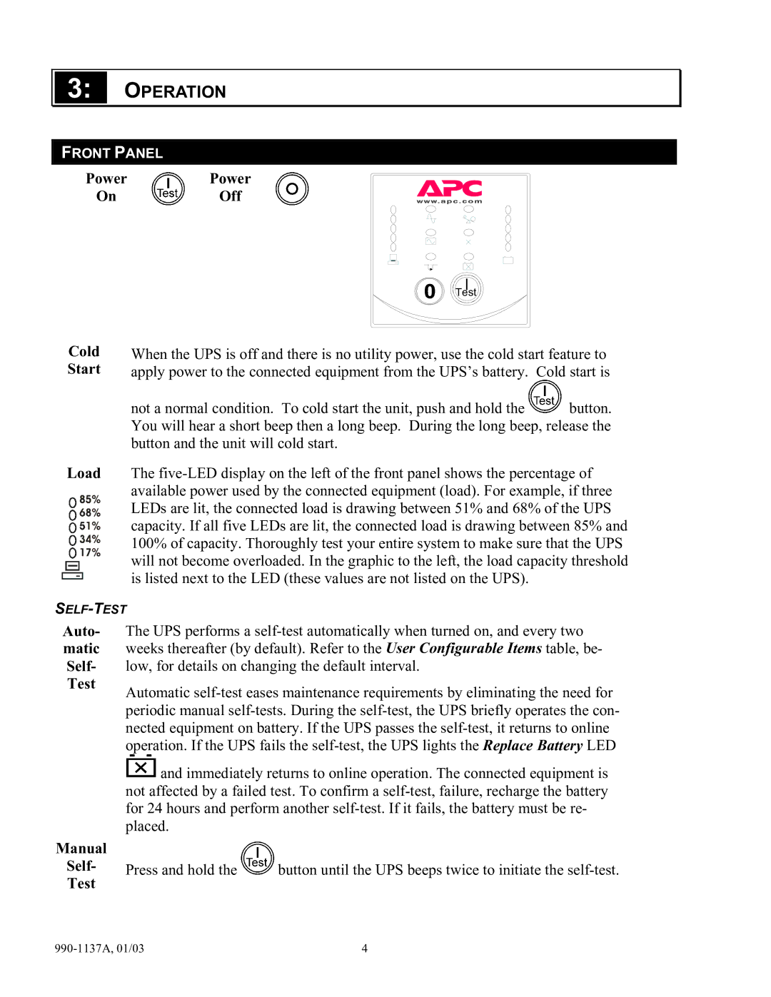 American Power Conversion UPS user manual Operation, Power Off, Cold Start Load, Auto Matic Self Test Manual 