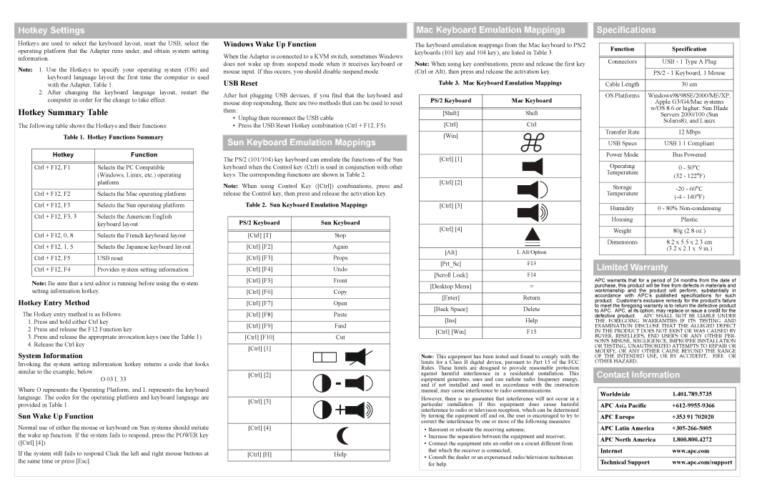 American Power Conversion USB user manual Sun Keyboard Emulation Mappings, Limited Warranty, Contact Information 