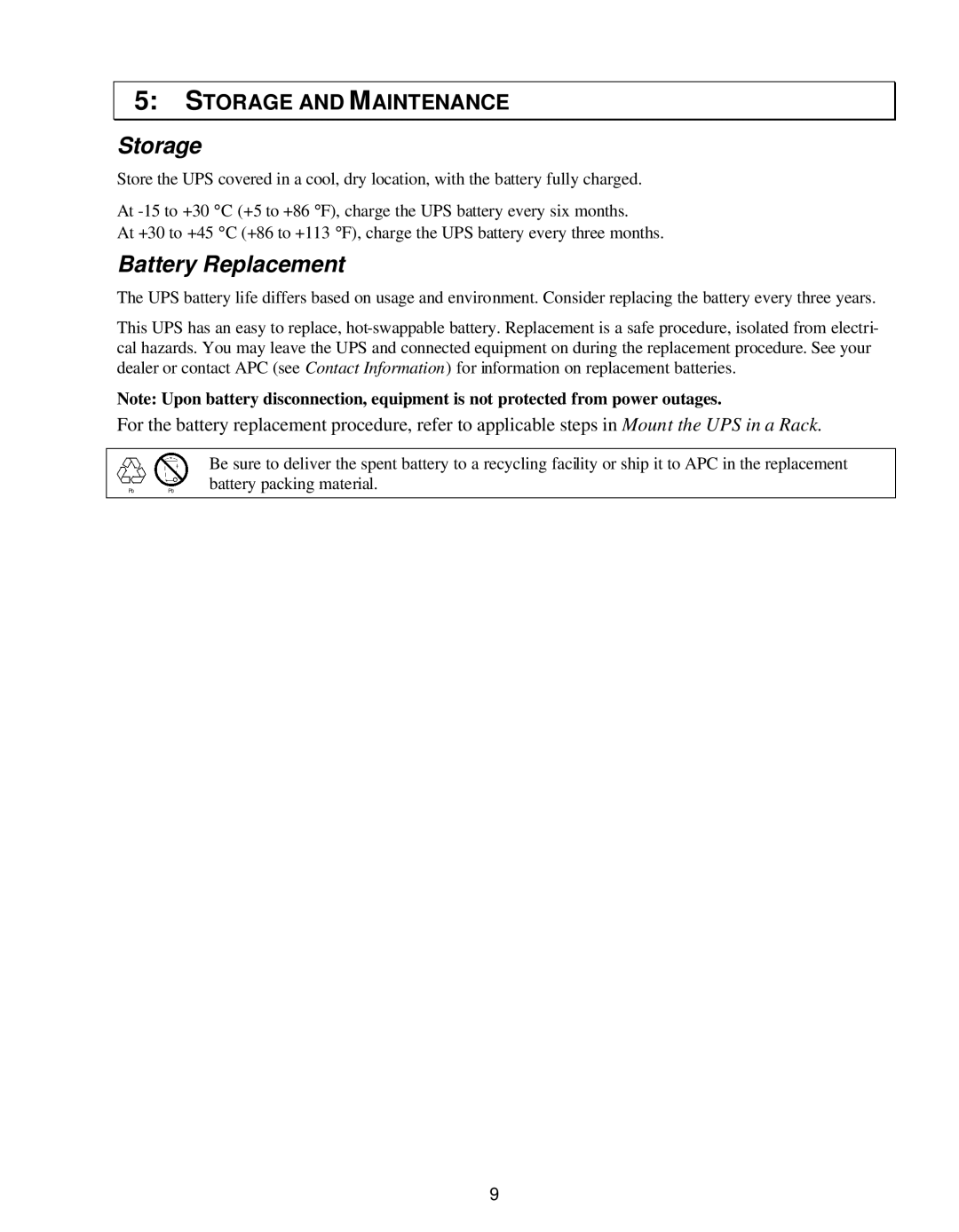 American Power Conversion VA1500, VA 1000, Vac 110, Vac 230, Vac 120 user manual Storage, Battery Replacement 