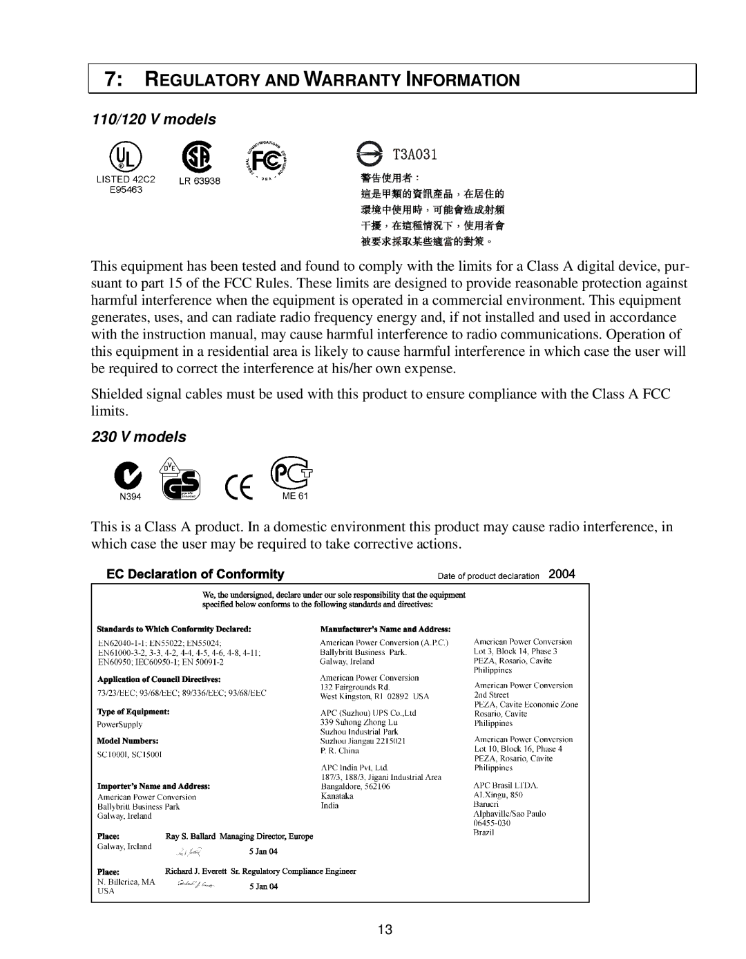 American Power Conversion VA 1000, VA1500, Vac 110, Vac 230, Vac 120 user manual Regulatory and Warranty Information 