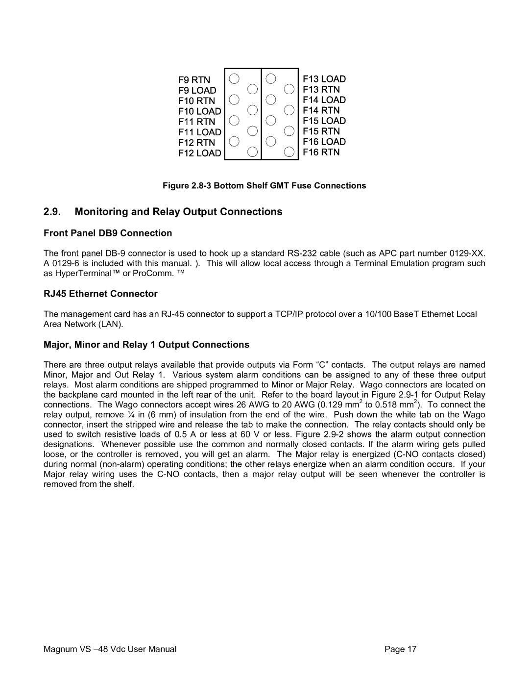 American Power Conversion VS 50, VS 100 user manual Monitoring and Relay Output Connections, Front Panel DB9 Connection 